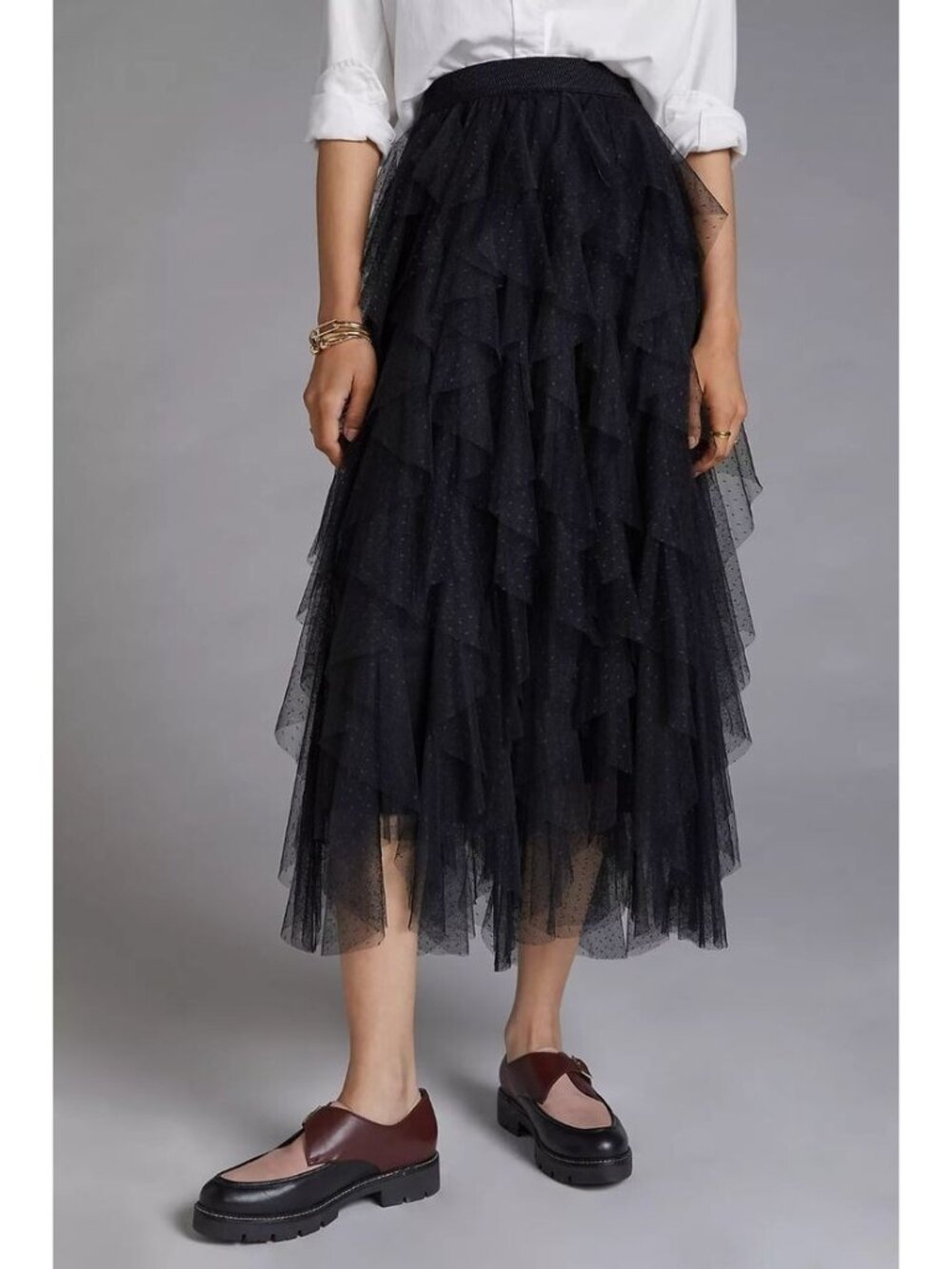 NWT Anthropologie Cheri in Black Ruffled Tulle Midi Skirt XXSP XXS Petite